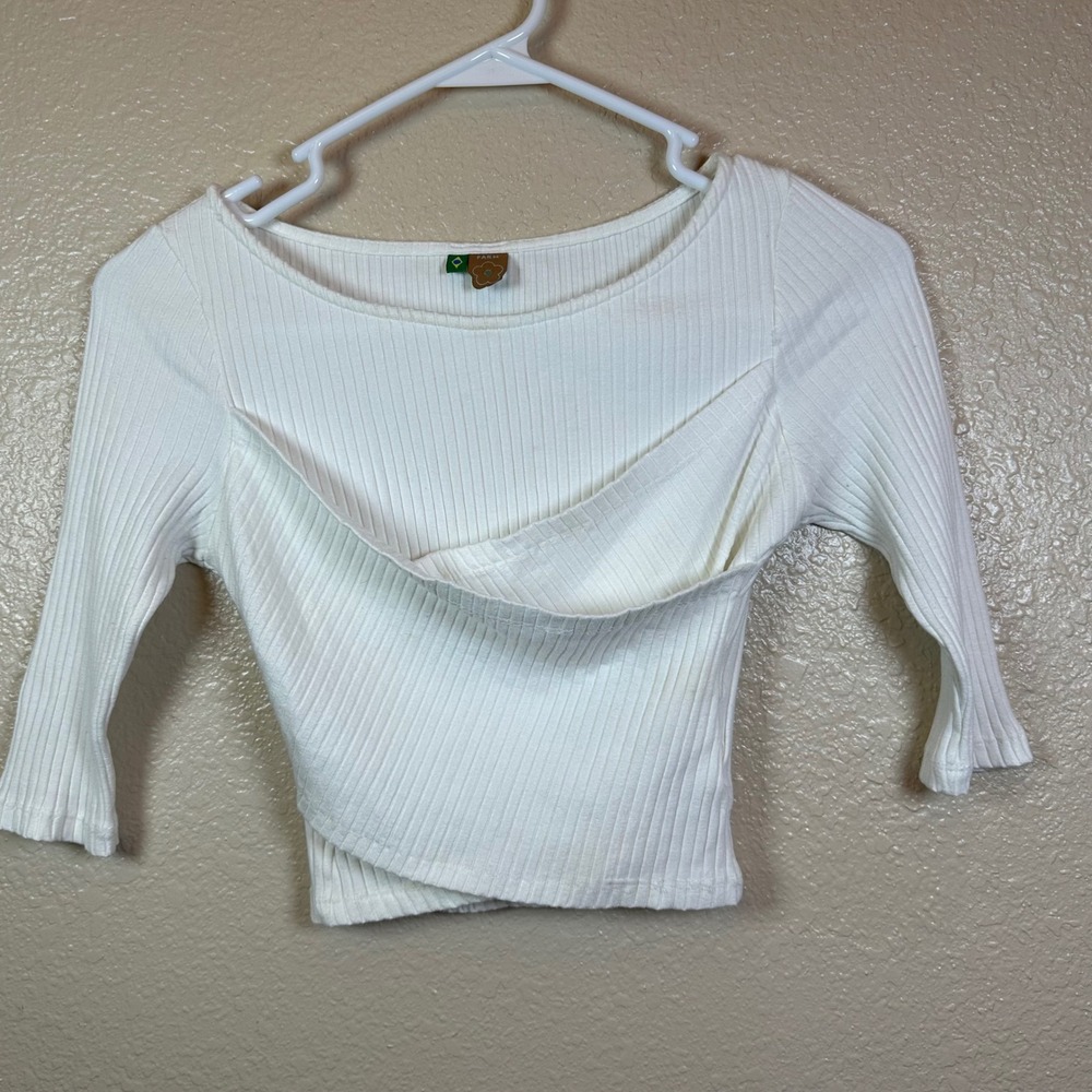 Farm Rio Ribbed Knit Crop‎ Top Cross Front 3/4 Sleeve Boat Neck White size Small